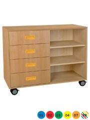 Skříňka kombinovaná se zásuvkami a policemi, s kolečky - M10.128.barva